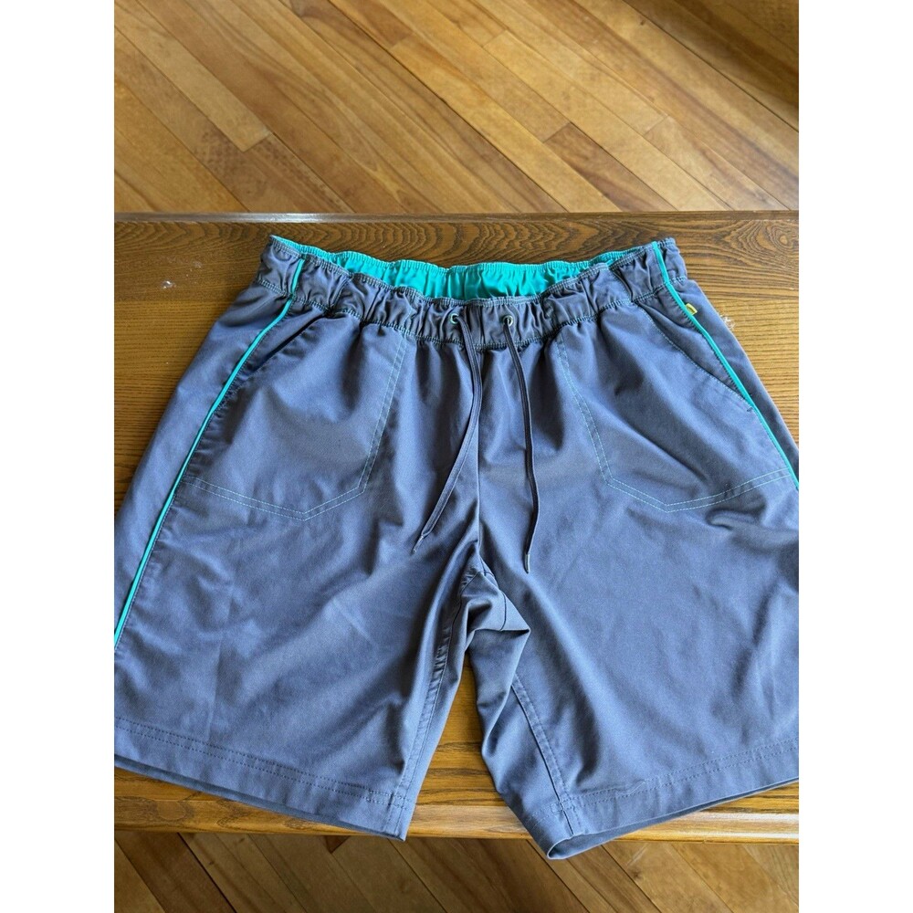 Men's Gray green solid nylon swim shorts trunks drawstring flat front L